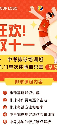 双十一中考排球培训班课程长图海报