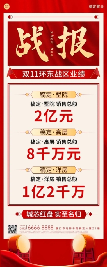 双十一房地产喜报喜庆红金长图海报预览效果