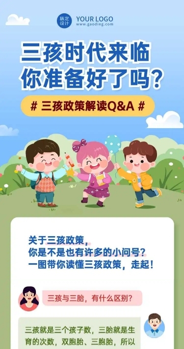 H5长页卡通可爱三孩政策解读科普