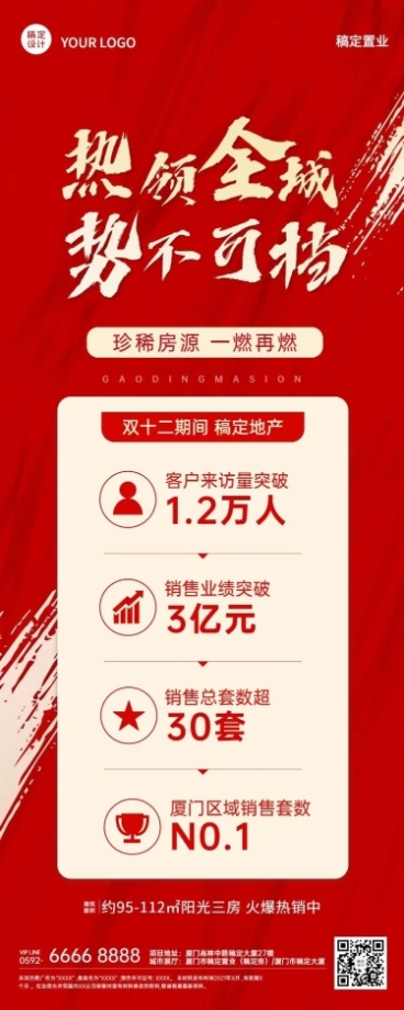 房产双12中介战绩喜庆长图海报预览效果