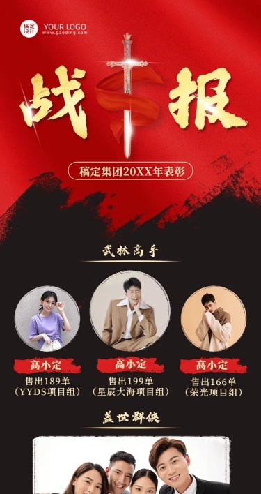 中国风大气水墨喜报战报年会员工表彰长图海报