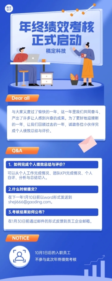 扁平风办公场景插画企业年终总结述职考核工作通知长图海报预览效果