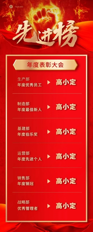 红金喜庆企业员工年终表彰排行榜年会长图海报预览效果