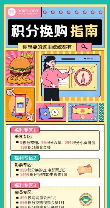 金融保险积分换购卡通长图海报