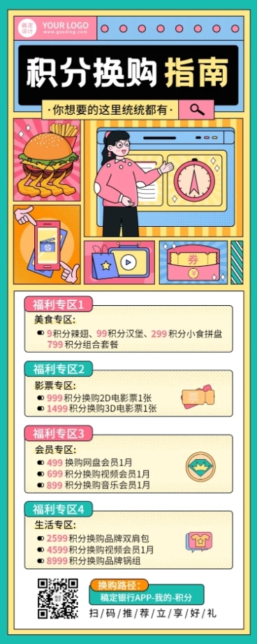 金融保险积分换购卡通长图海报预览效果