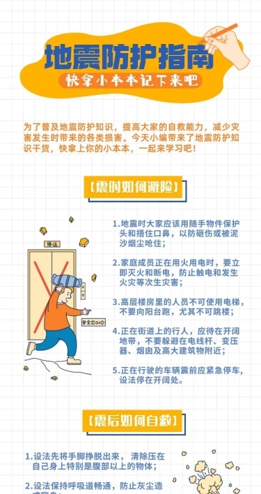 地震防护知识科普插画文章长图