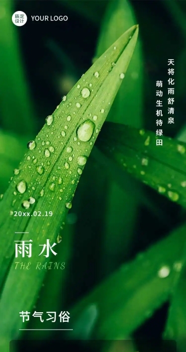 长页H5雨水节气祝福简约清新绿叶水珠节气习俗