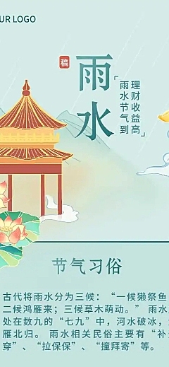 H5长页金融二十四节气雨水节气科普鲤鱼中国风插画