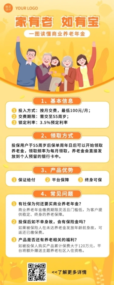 金融保险商业养老金一图读懂产品营销插画长图海报预览效果