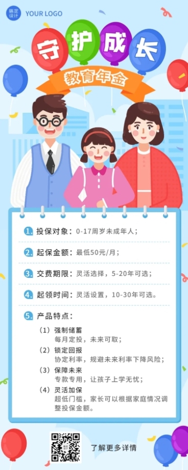 金融保险教育年金产品营销宣传介绍长图海报预览效果