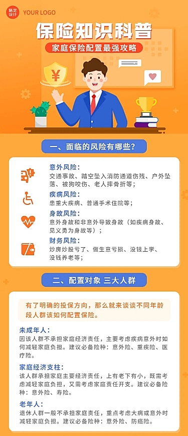 金融家庭保险配置攻略知识科普推广宣传长图海报