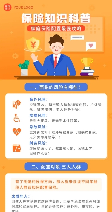 金融家庭保险配置攻略知识科普推广宣传长图海报