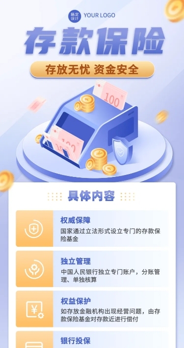 金融银行存款保险知识科普介绍2.5D插画长图海报