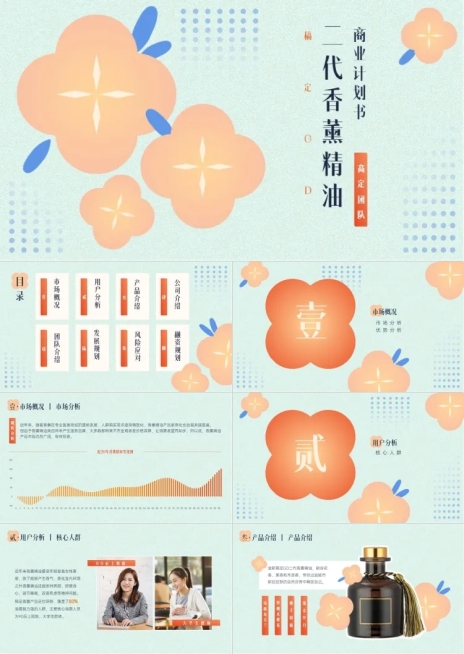 商业计划书扁平风湖蓝PPT套装预览效果
