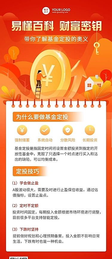 金融保险基金定投知识科普解读插画长图海报
