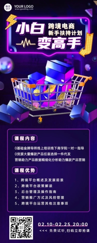 职业培训跨境电商培训招生长图海报预览效果