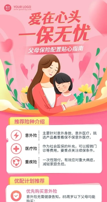 母亲节金融保险产品介绍推广营销插画长图海报