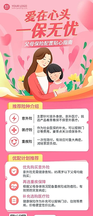 母亲节金融保险产品介绍推广营销插画长图海报