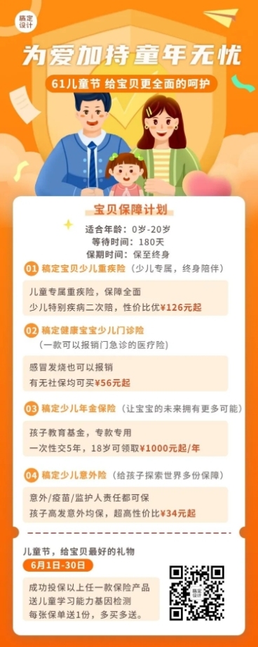 儿童节金融少儿保险产品介绍营销宣传长图海报预览效果