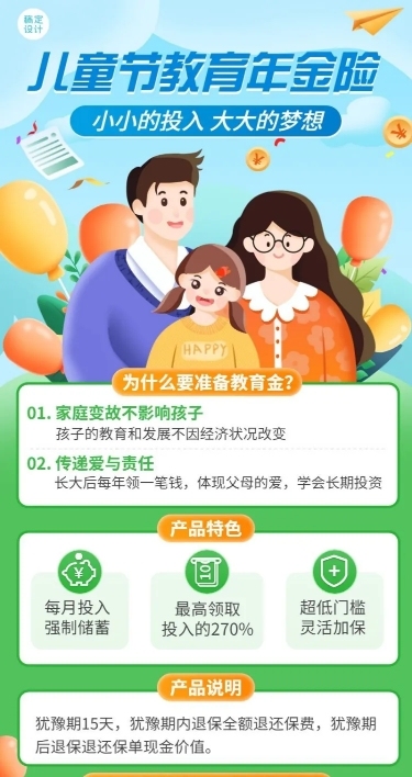 金融保险61儿童节教育年金节日营销插画长图海报