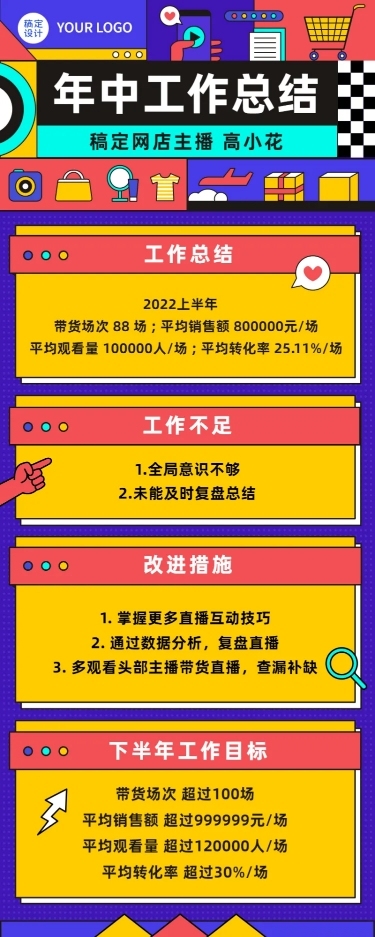 电商主播员工个人年中总结述职报告长图海报
