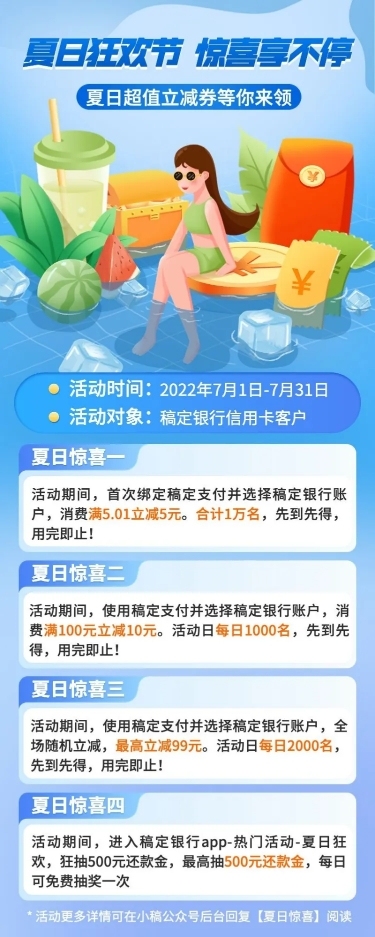 金融保险夏季营销手机银行福利优惠插画长图海报