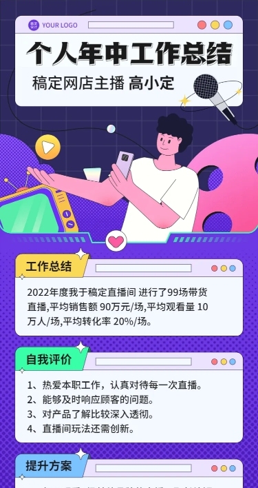 主播（电商）员工个人年中工作总结长图海报