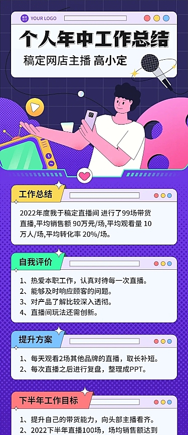 主播（电商）员工个人年中工作总结长图海报