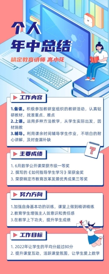 教育机构员工个人年中工作总结长图海报预览效果