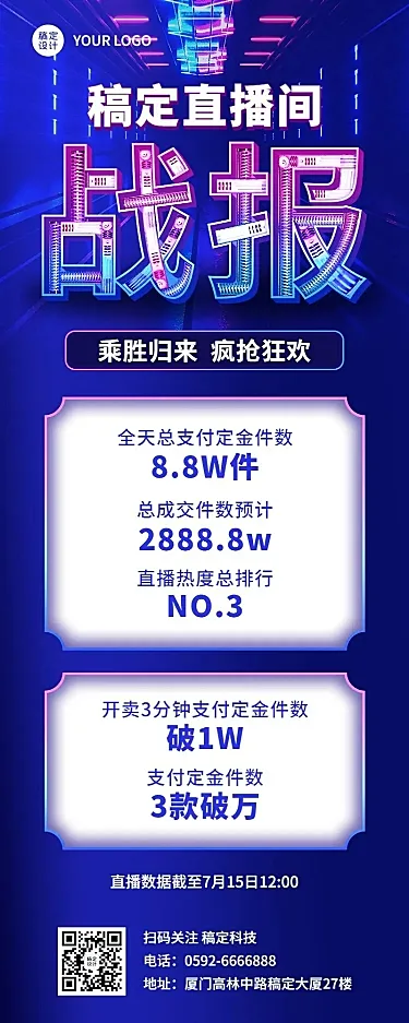 企业直播业绩喜报捷报战报科技风长图海报