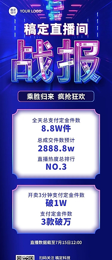 企业直播业绩喜报捷报战报科技风长图海报