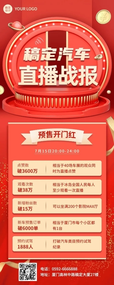 企业直播业绩喜报捷报战报科技风长图海报