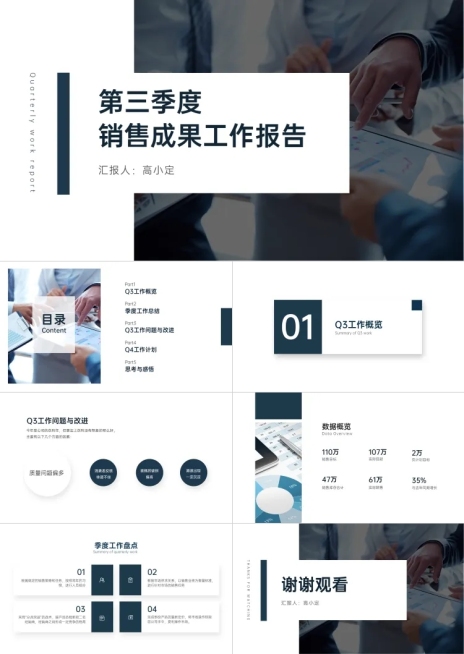 青绿色简约商务季度销售报告PPT预览效果