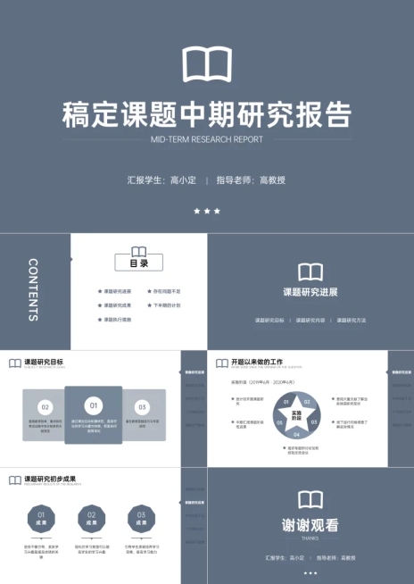 灰蓝色简约扁平课题中期研究报告PPT预览效果