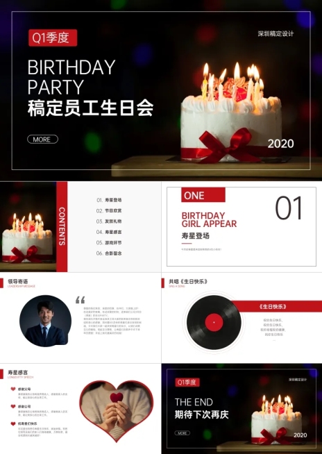 红色喜庆商务员工生日会PPT预览效果