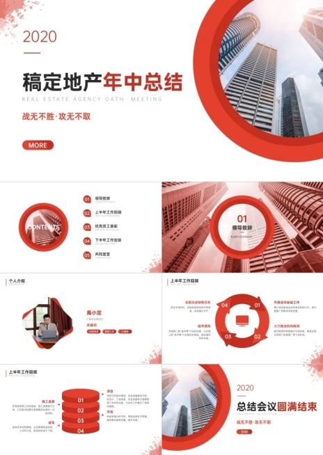 红色商务地产企业年中总结PPT预览效果