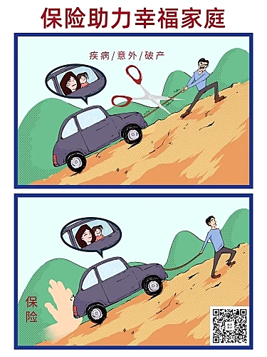 金融保险漫画海报-保险助力幸福家庭