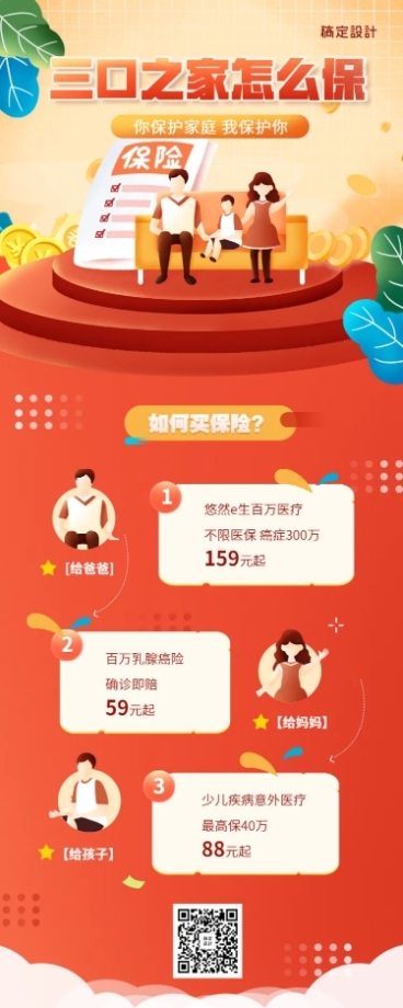 金融保险产品营销三口之家保险投保建议长图海报预览效果