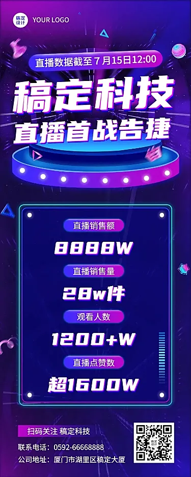 企业直播业绩喜报捷报战报科技风长图海报