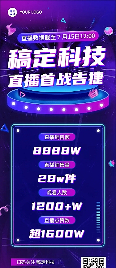 企业直播业绩喜报捷报战报科技风长图海报