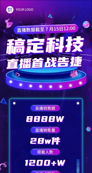 企业直播业绩喜报捷报战报科技风长图海报