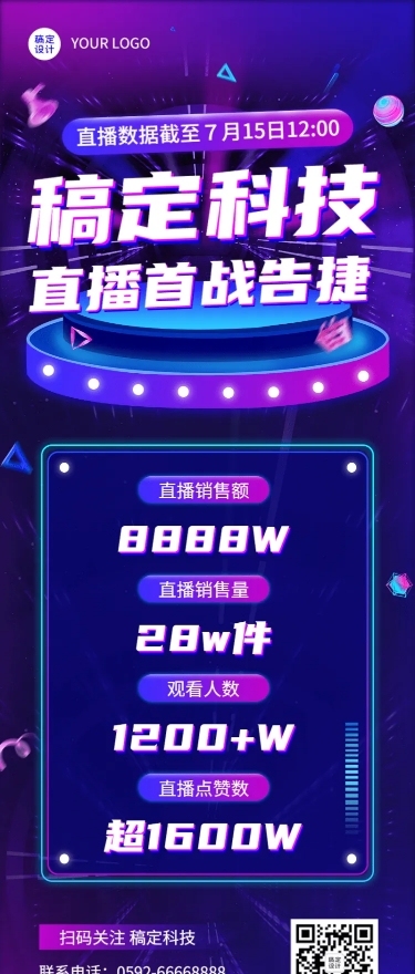 企业直播业绩喜报捷报战报科技风长图海报