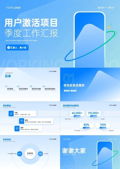 季度总结工作汇报商务风蓝色PPT套装