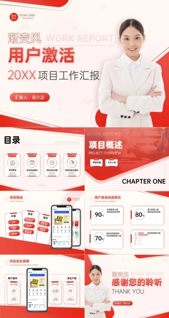 红色渐变风工作汇报PPT模板预览效果