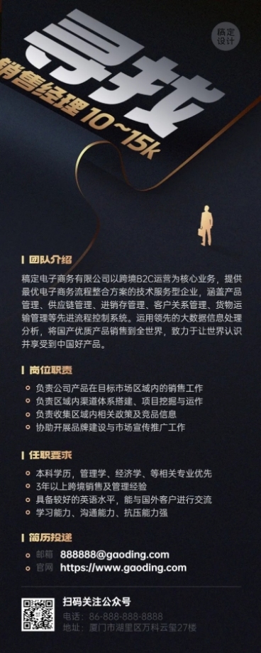 跨境电商销售岗位商务风招聘长图海报预览效果