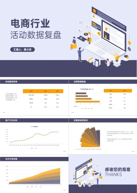电商行业活动数据复盘插画数据图表PPT预览效果