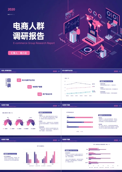 电商人群调研总结报告插画数据图表PPT预览效果