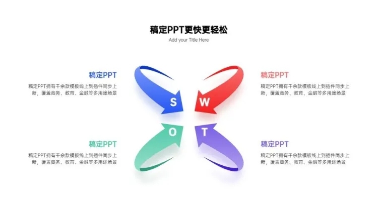 SWOT分析并列关系4项蓝色PPT图文页预览效果