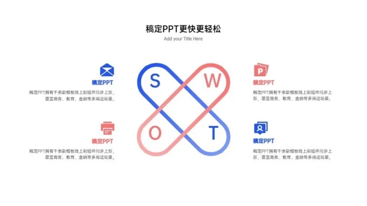 蓝色简约并列关系4项PPT图文页预览效果