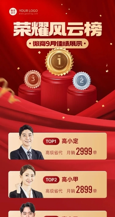 微商销售业绩表彰排行榜喜报喜庆人物长图海报
